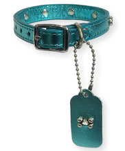 Load image into Gallery viewer, Metallic Leather Bone Puppy Collar Aqua Dog Collars Cara Mia Dogwear 
