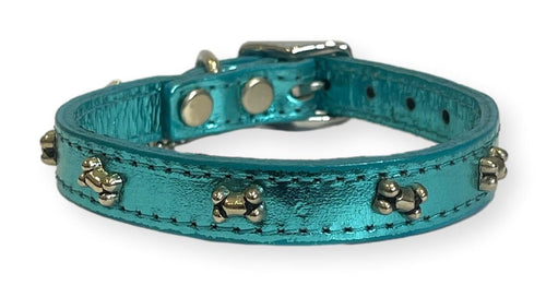 Metallic Leather Bone Puppy Collar Aqua Dog Collars Cara Mia Dogwear 