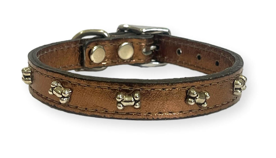 Metallic Leather Bone Puppy Collar Brown Dog Collars Cara Mia Dogwear 