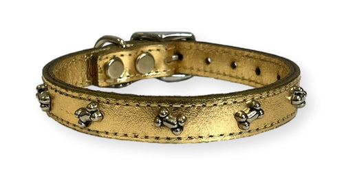 Metallic Leather Bone Puppy Collar Gold Dog Collars Cara Mia Dogwear 