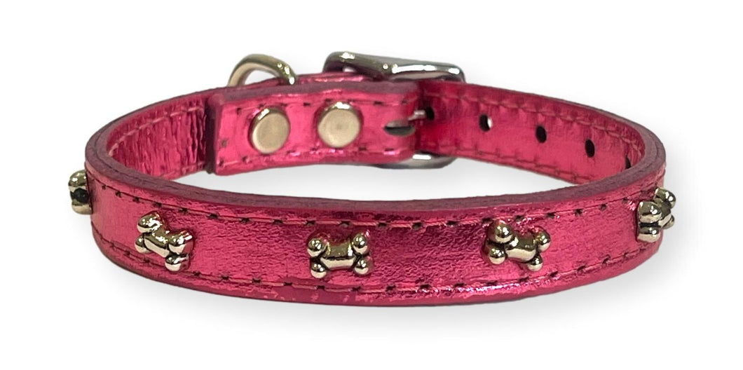 Metallic Leather Bone Puppy Collar Pink Dog Collars Cara Mia Dogwear 