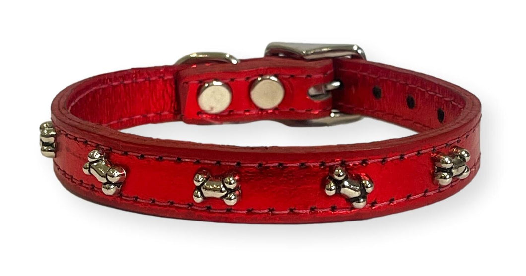 Metallic Leather Bone Puppy Collar Red Dog Collars Cara Mia Dogwear 