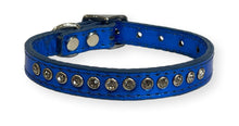 Load image into Gallery viewer, Metallic Leather Rhinestone Puppy Collar Blue Dog Collars Cara Mia Dogwear 
