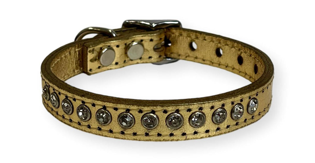 Metallic Leather Rhinestone Puppy Collar Gold Dog Collars Cara Mia Dogwear 