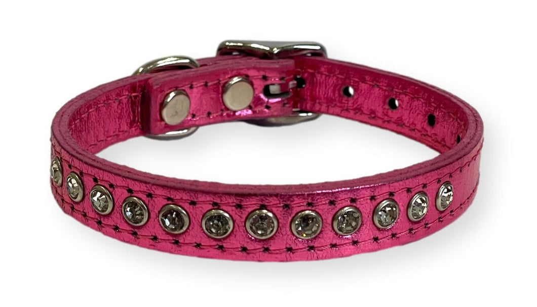 Metallic Leather Rhinestone Puppy Collar Pink Dog Collars Cara Mia Dogwear 