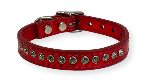 Metallic Leather Rhinestone Puppy Collar Red Dog Collars Cara Mia Dogwear 