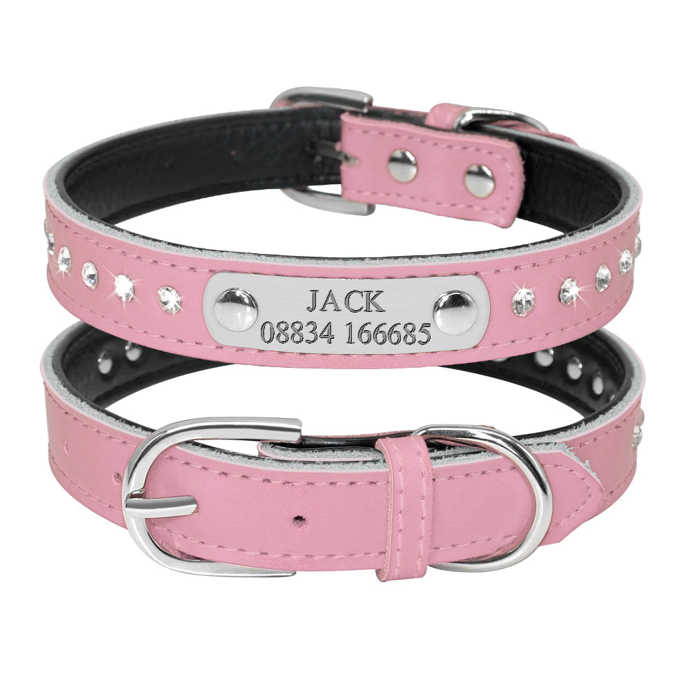 Name Plate Rhinestone Leather Dog Collar Pink Dog Collars Cara Mia Dogwear 