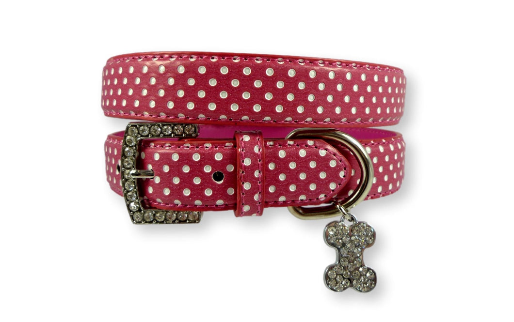 Polka Dot Dog Collar with Bone Charm Pink Dog Collars Cara Mia Dogwear 