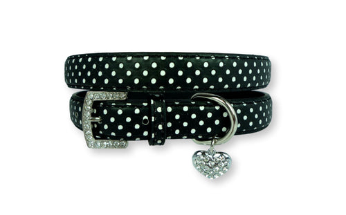 Polka Dot Dog Collar with Heart Charm Black Dog Collars Cara Mia Dogwear 