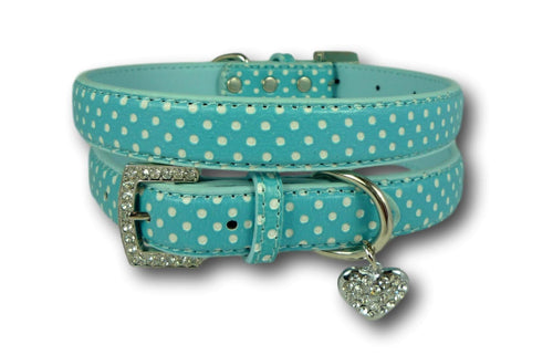 Polka Dot Dog Collar with Heart Charm Blue Dog Collars Cara Mia Dogwear 