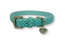 Load image into Gallery viewer, Polka Dot Dog Collar with Heart Charm Blue Dog Collars Cara Mia Dogwear 

