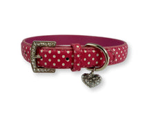 Load image into Gallery viewer, Polka Dot Dog Collar with Heart Charm Pink Dog Collars Cara Mia Dogwear 
