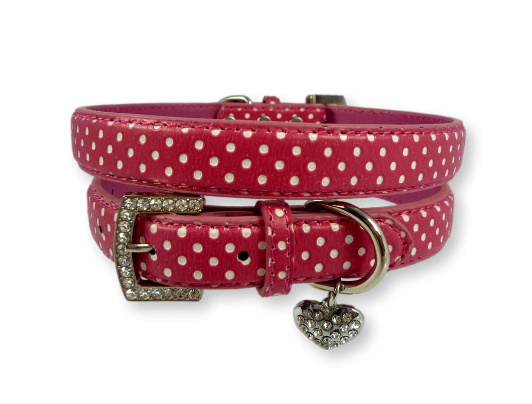 Polka Dot Dog Collar with Heart Charm Pink Dog Collars Cara Mia Dogwear 