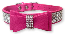 Load image into Gallery viewer, Hot Pink Suede Bow Rhinestone Dog Collar Dog Collars Cara Mia Dogwear 
