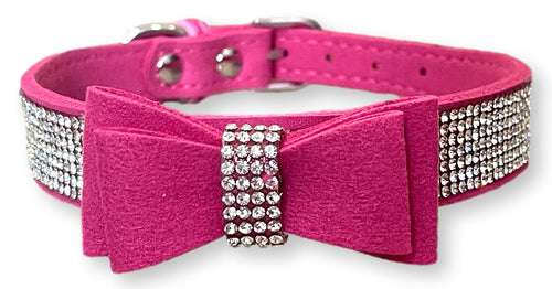 Hot Pink Suede Bow Rhinestone Dog Collar Dog Collars Cara Mia Dogwear 