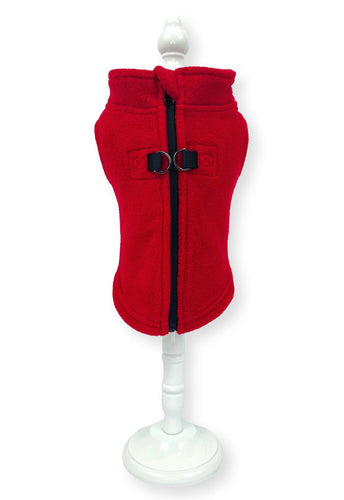 Red Zip Back Fleece Harness Dog Coat Zip Fleece Vest Dog Coat Cara Mia Dogwear 